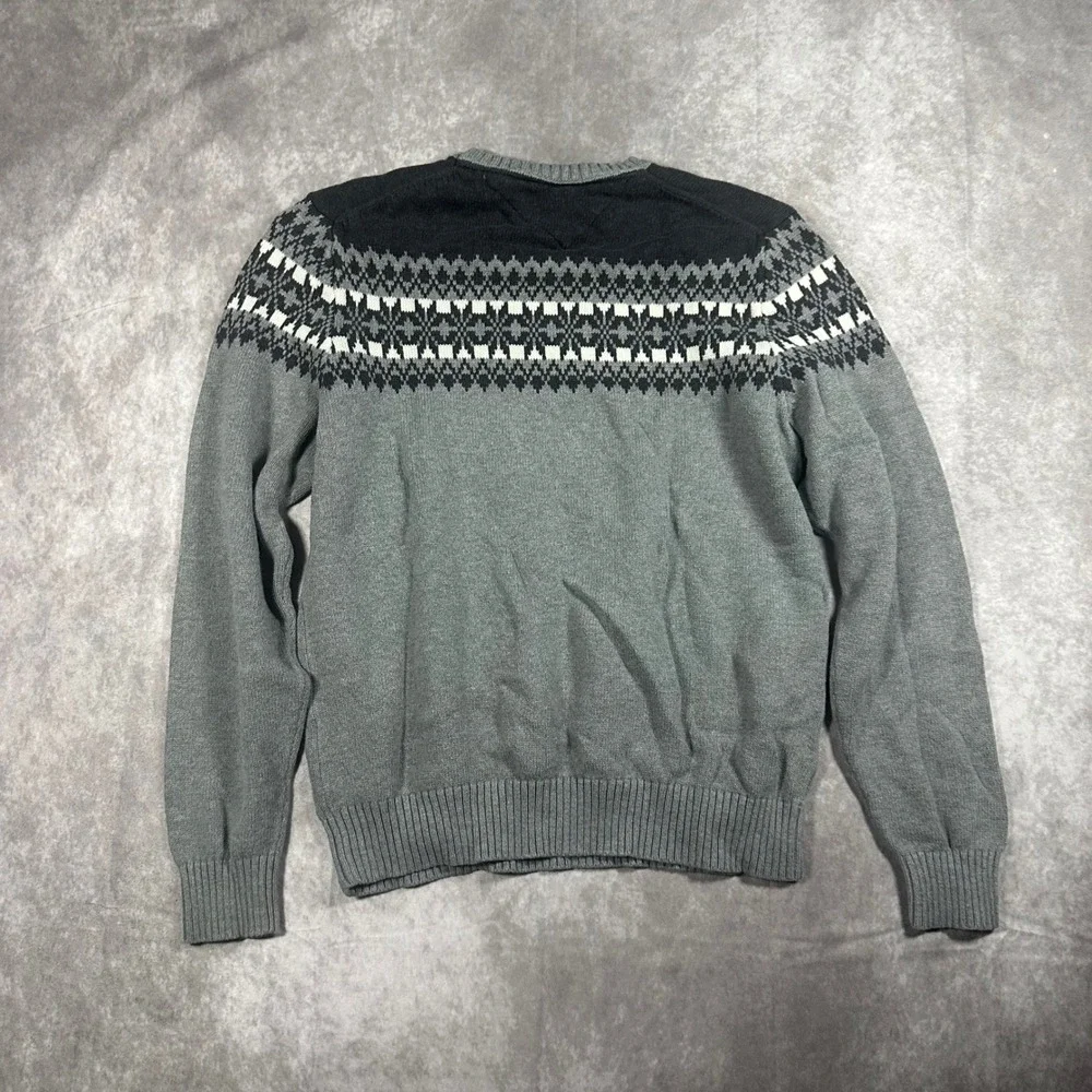 Tommy Hilfiger Mens M Grey Black Fair Isle Cotton Knit Crewneck Sweater Preppy
